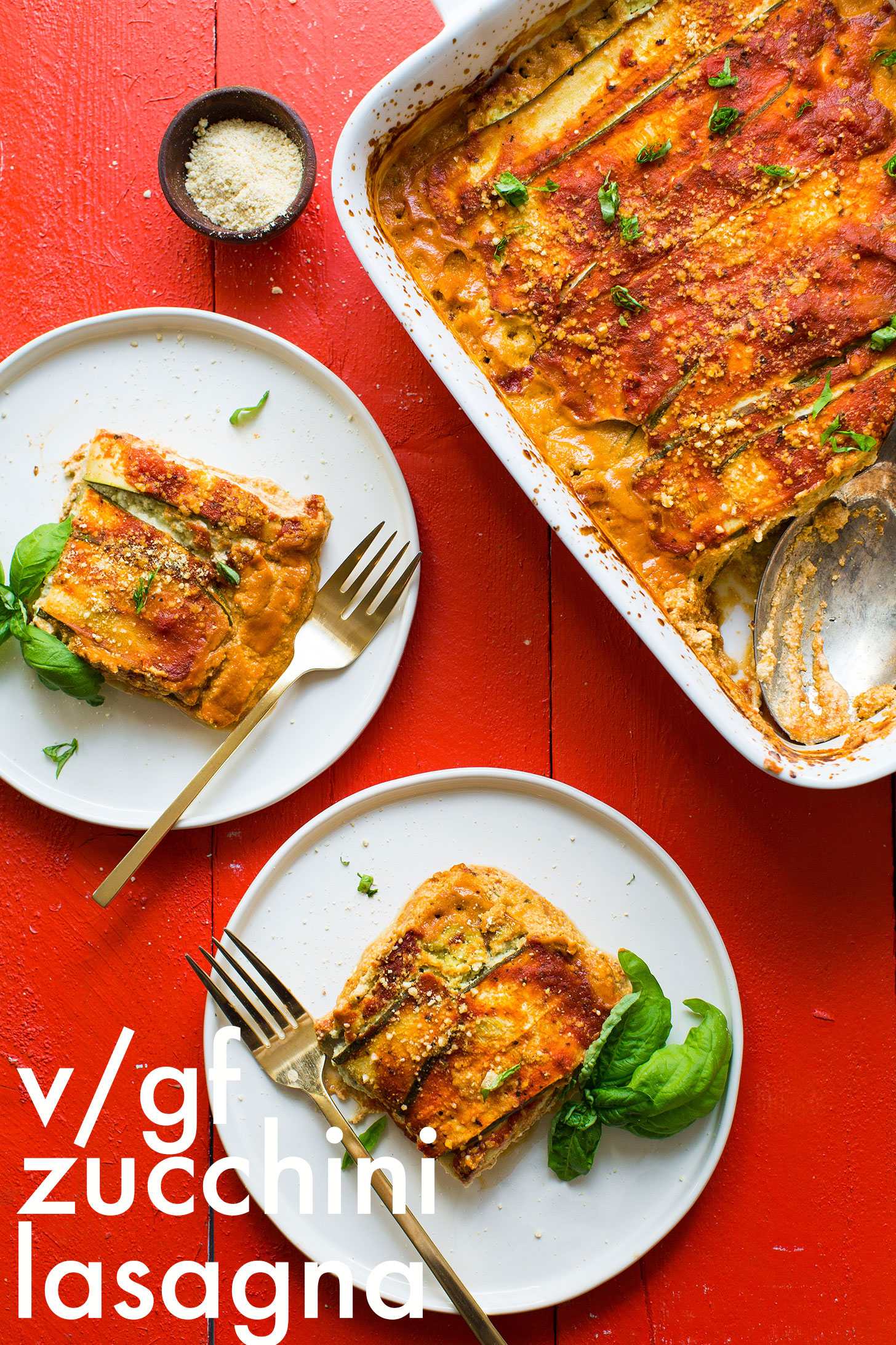Two servings of gluten-free vegan zucchini lasagna on dinner plates