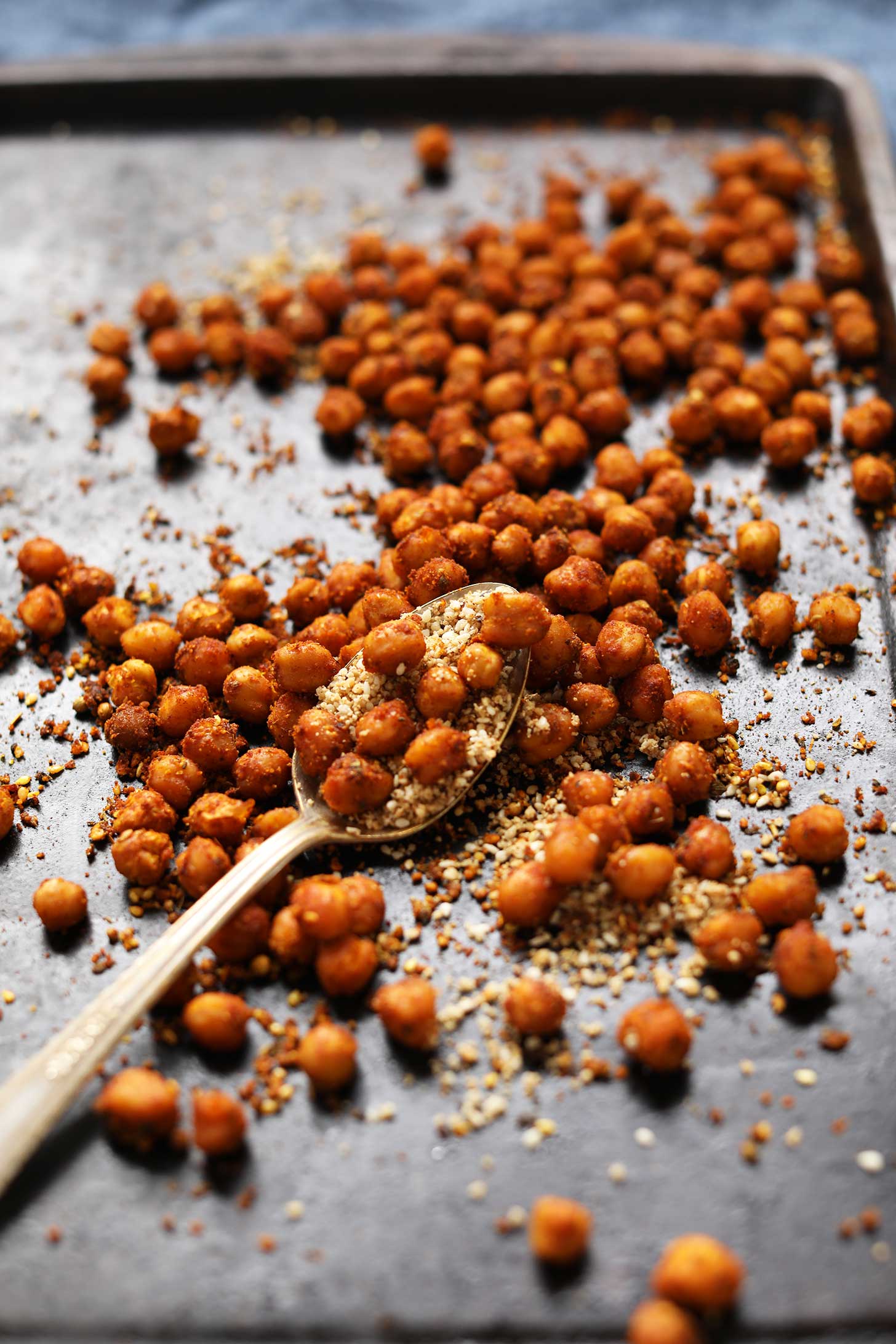 Baking sheet full of Smoky Chickpeas for a whole meal plant-based salad recipe