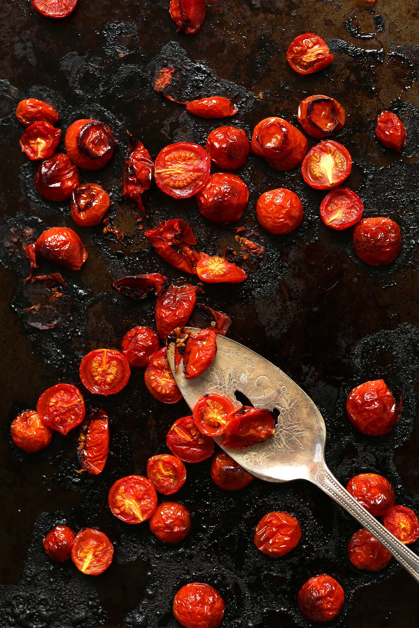 Baking sheet with freshly roasted cherry tomatoes for gluten-free pasta salad