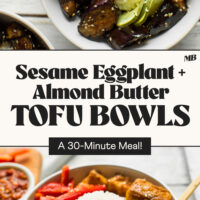 Chopsticks resting on a bowl and picking up a piece of tofu from bowls with rice, sesame eggplant, and almond butter tofu