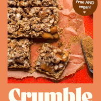 Apple Pie Crumble Bars on parchment paper with a flashing bubble saying gluten-free and vegan