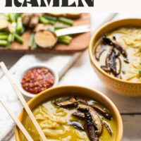 Two bowls of coconut curry ramen with text above that says vegan and gluten-free