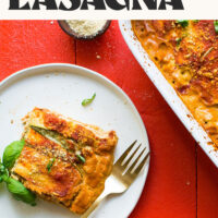Slices of our 8-Ingredient Zucchini Lasagna on plates next to the pan with the remaining lasagna