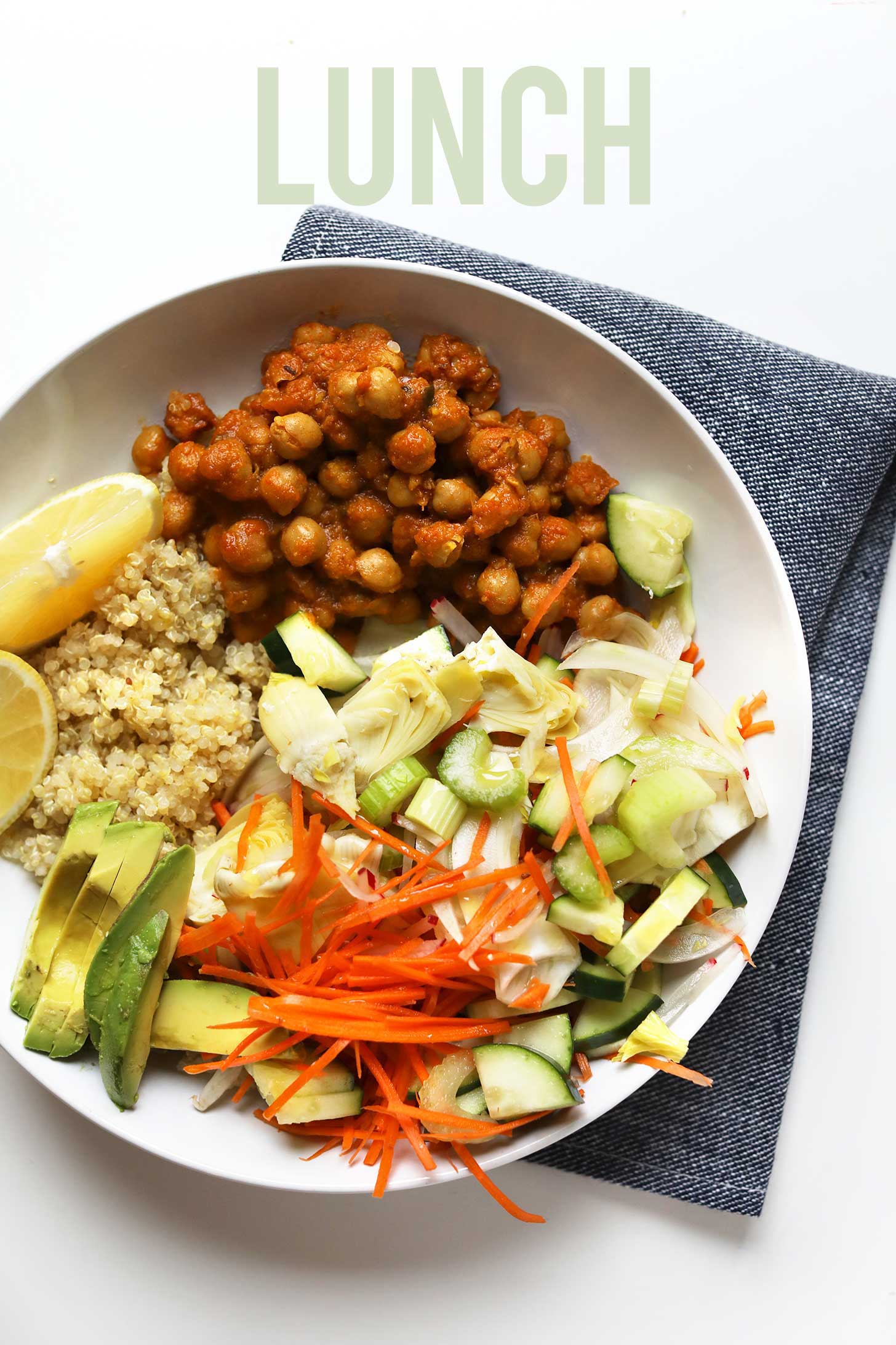 Bowl with avocado, quinoa, chickpeas, and vegetables for my experimentation with The Woman Code Cleanse