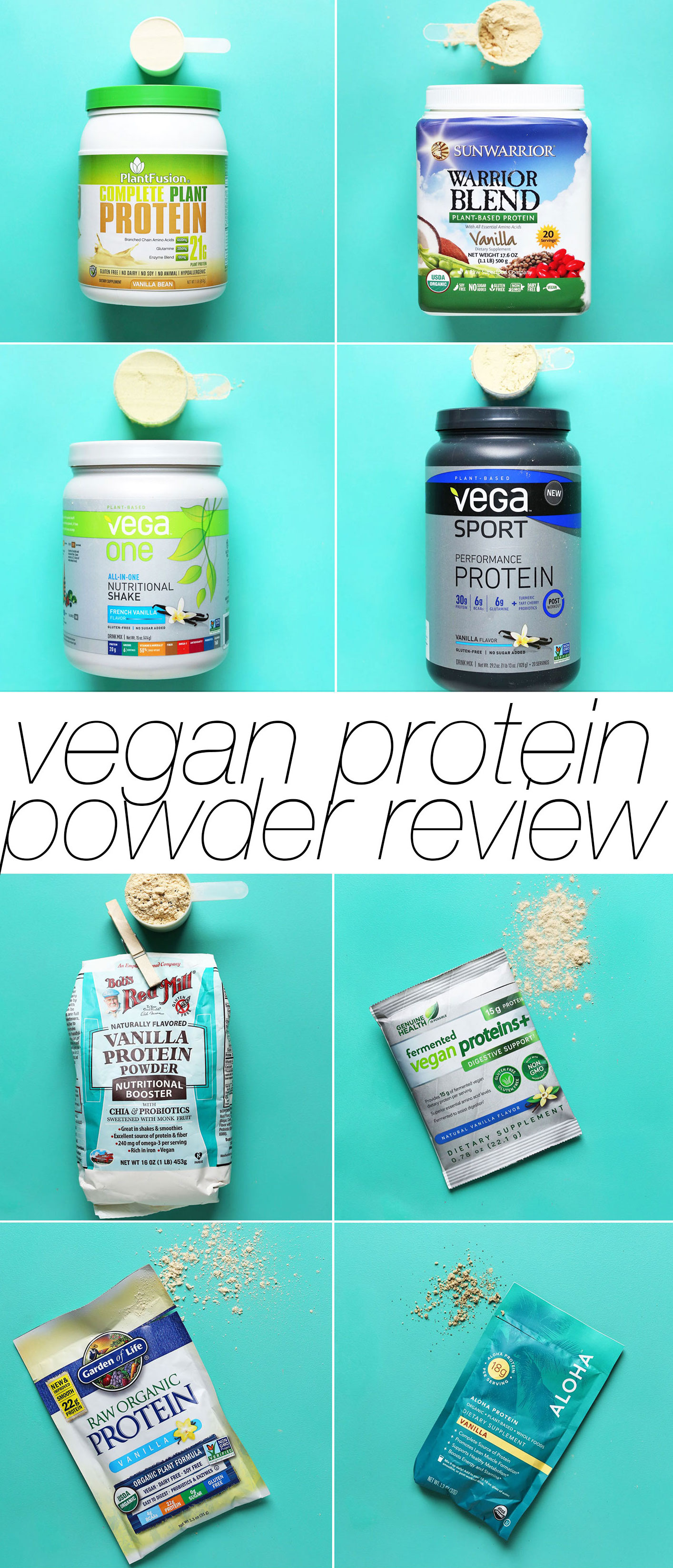 Photos of protein powders tested as part of our unbiased vegan protein powders review
