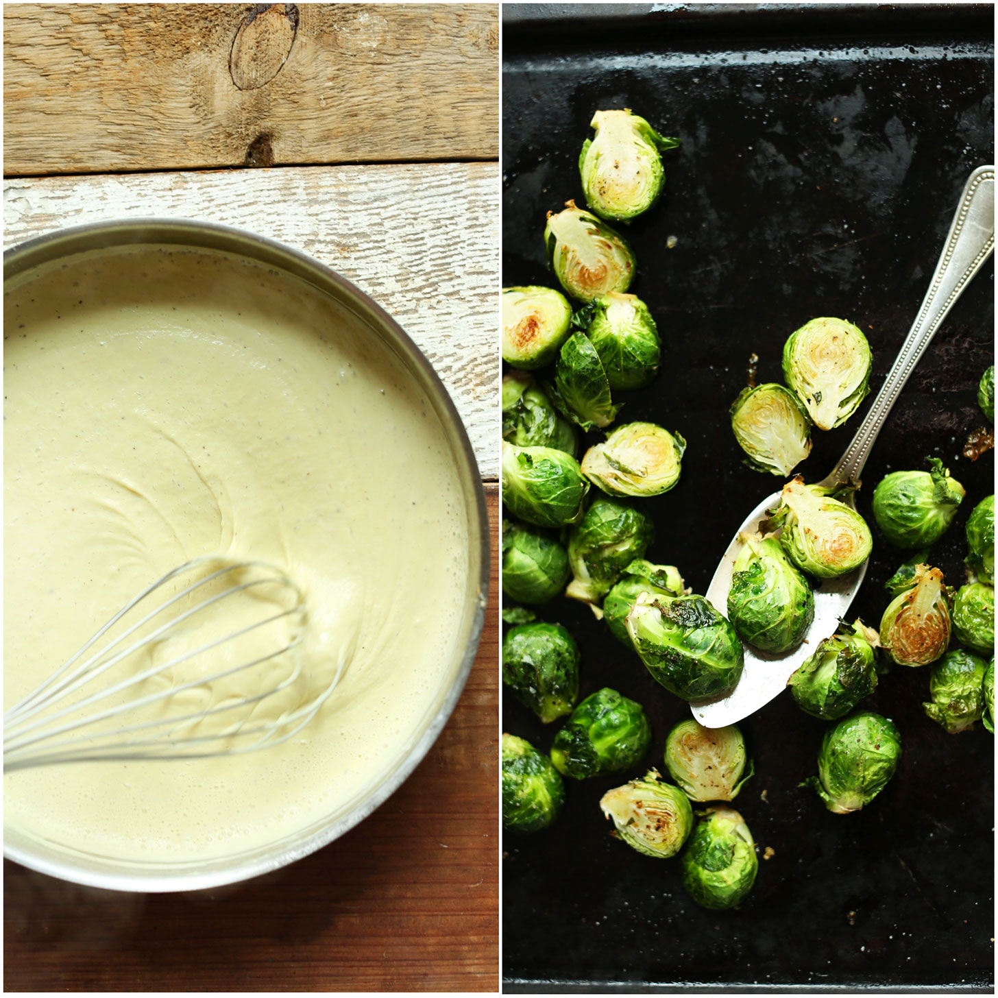 Collection of photos showing the components of our White Wine & Garlic Alfredo Pasta recipe
