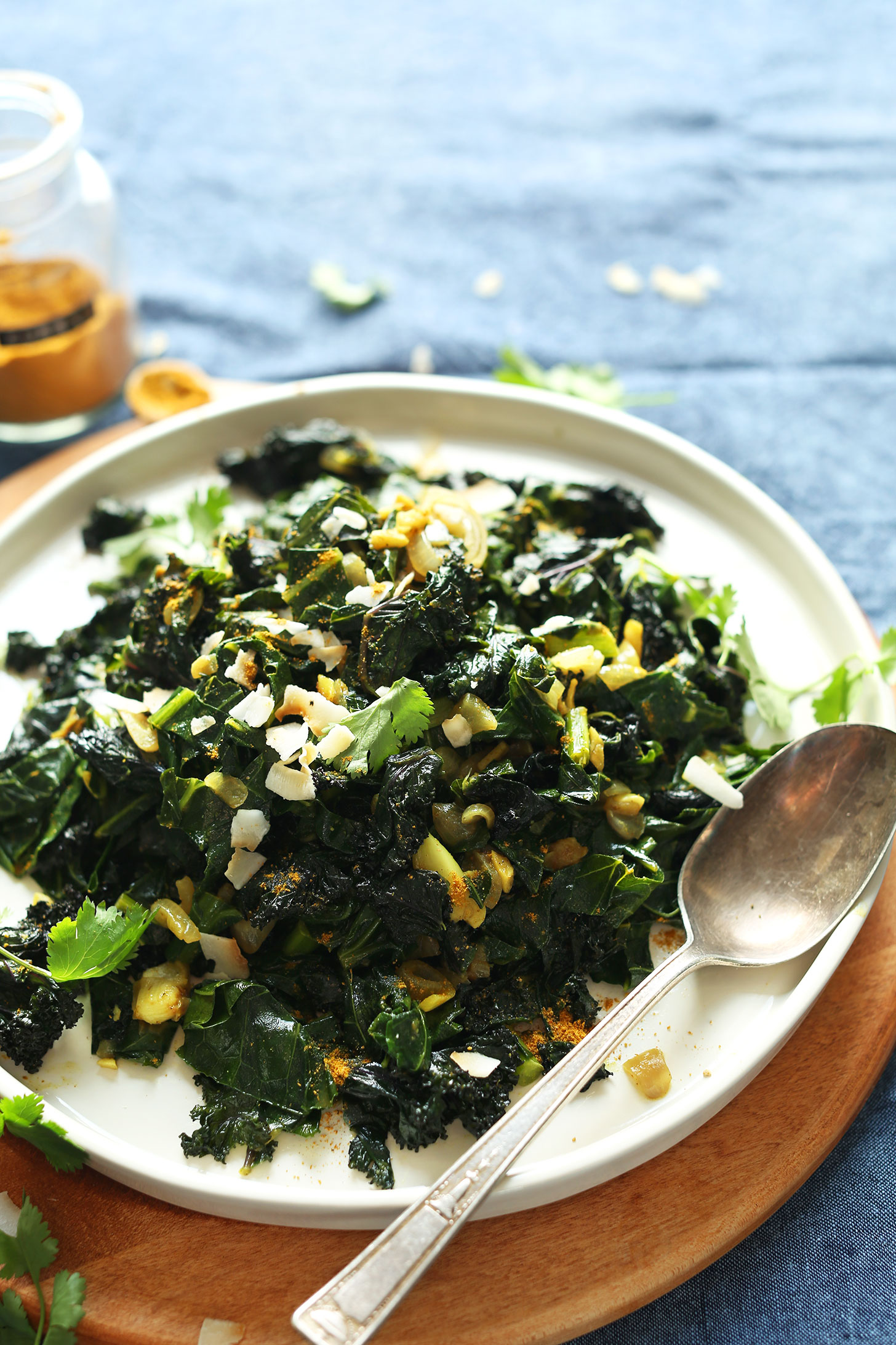 A big plate full of gluten-free vegan Coconut Curried Greens