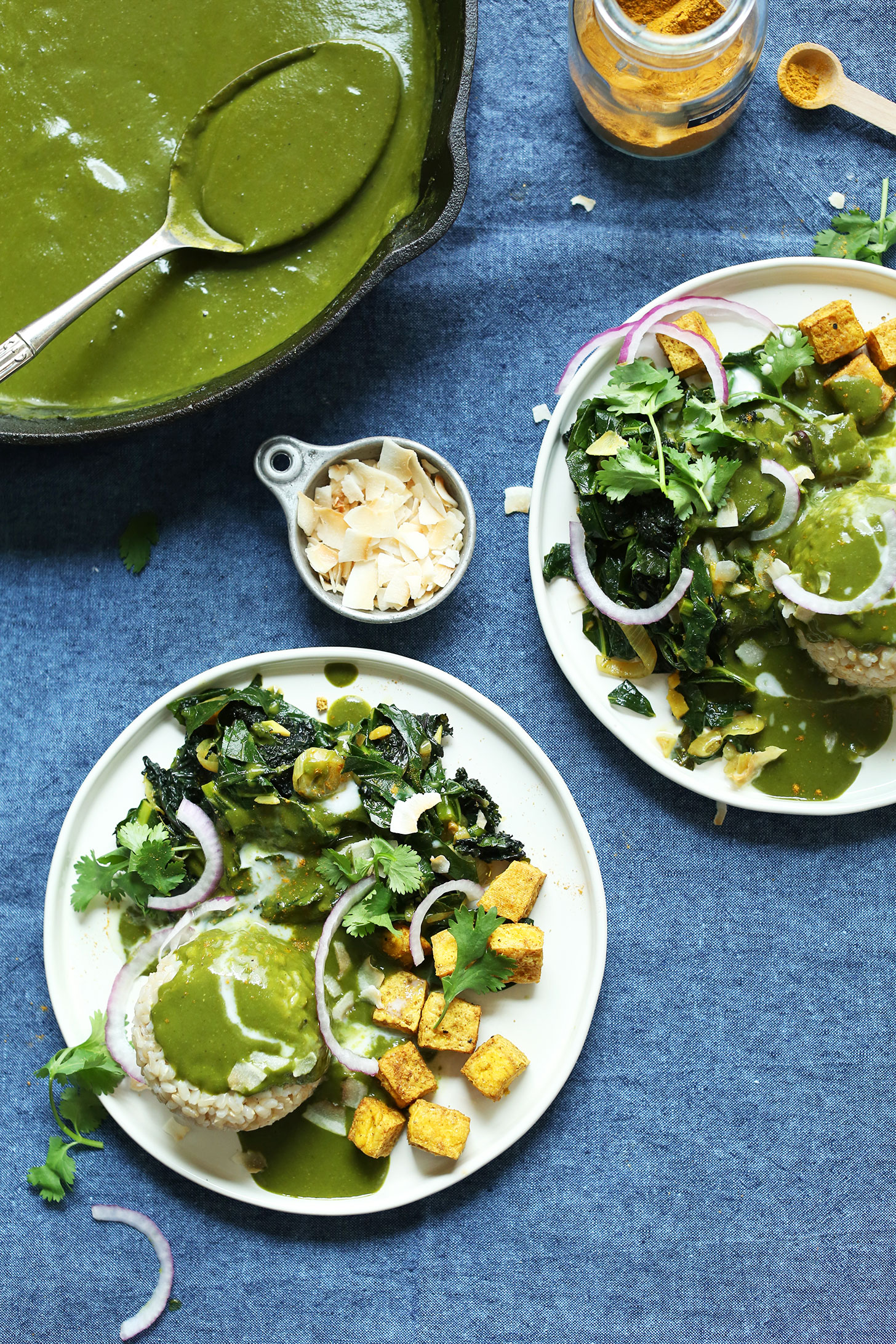 Two hearty dinner plates filled with Green Curry for a healthy plant-based meal
