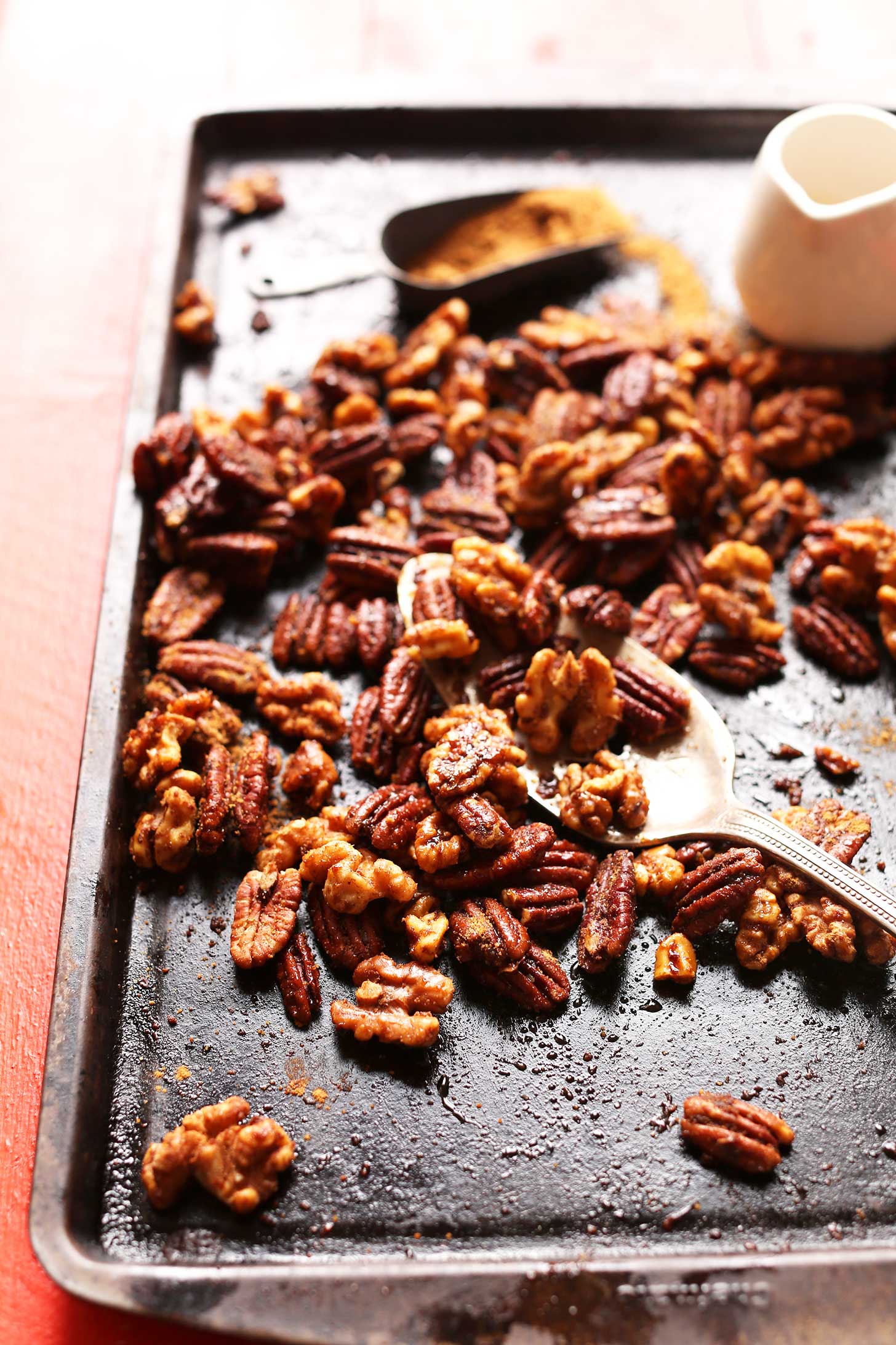 Easy Freshly Roasted Candied Nuts on a baking sheet