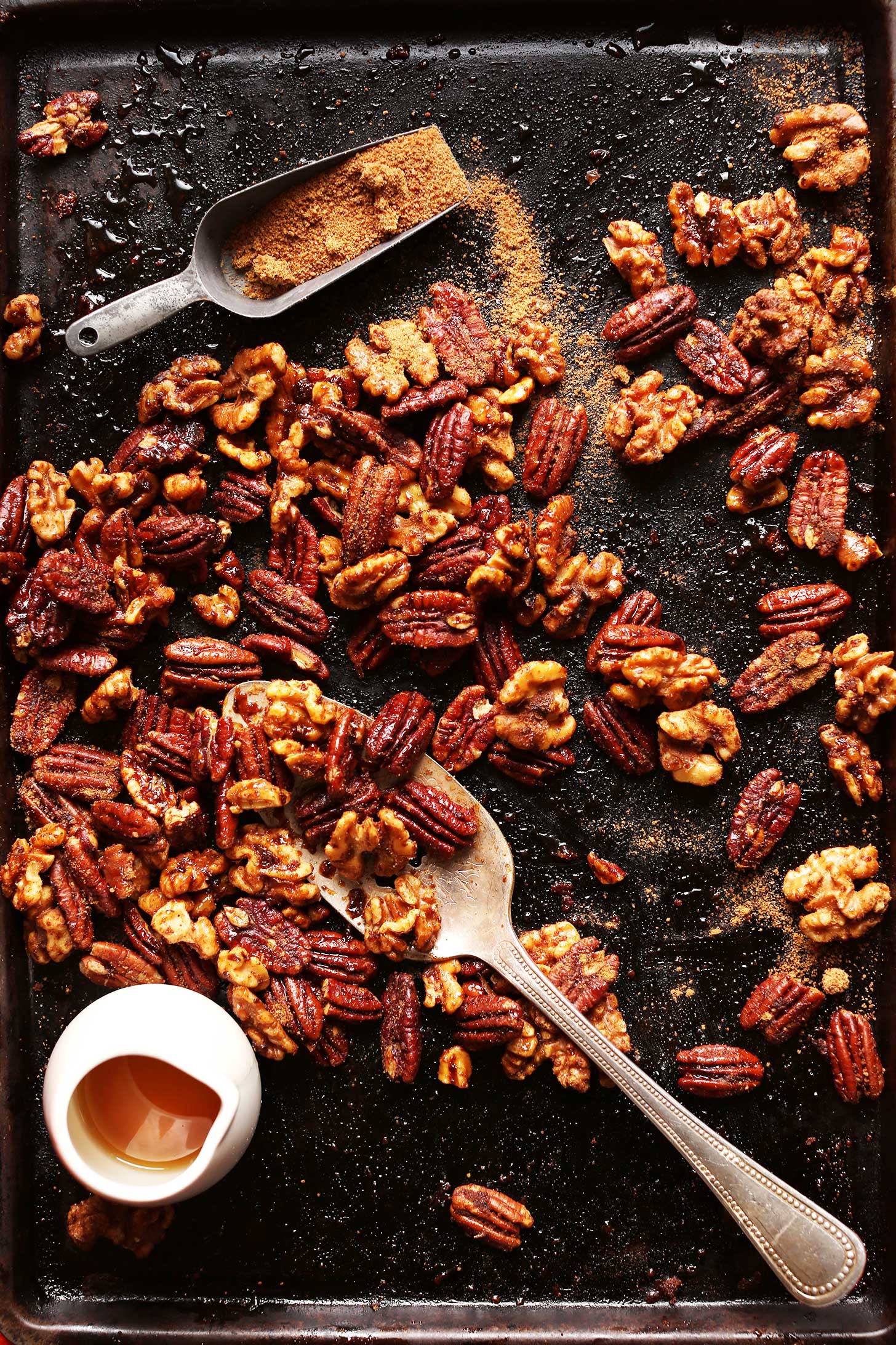 Simple and delicious candied roasted nuts on a baking sheet