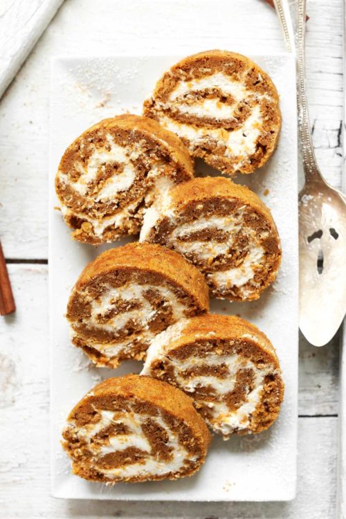 Slices of gluten-free vegan Pumpkin Roll on a plate