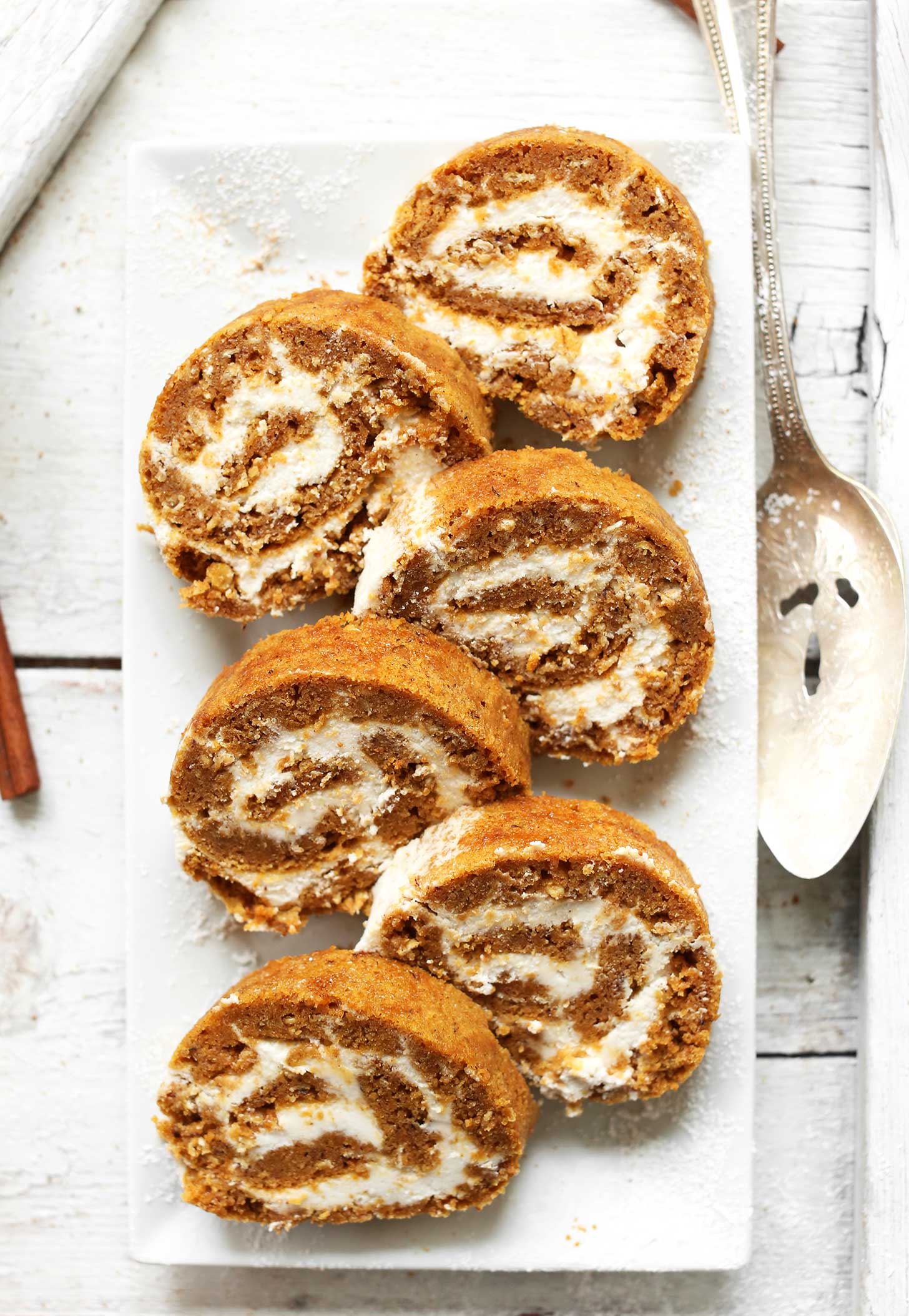 Plate of sliced Vegan Gluten-Free Pumpkin Roll for the holidays