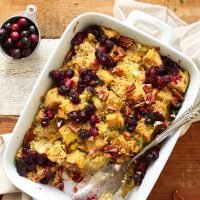 Baking dish filled with stuffing for a gluten-free vegan thanksgiving