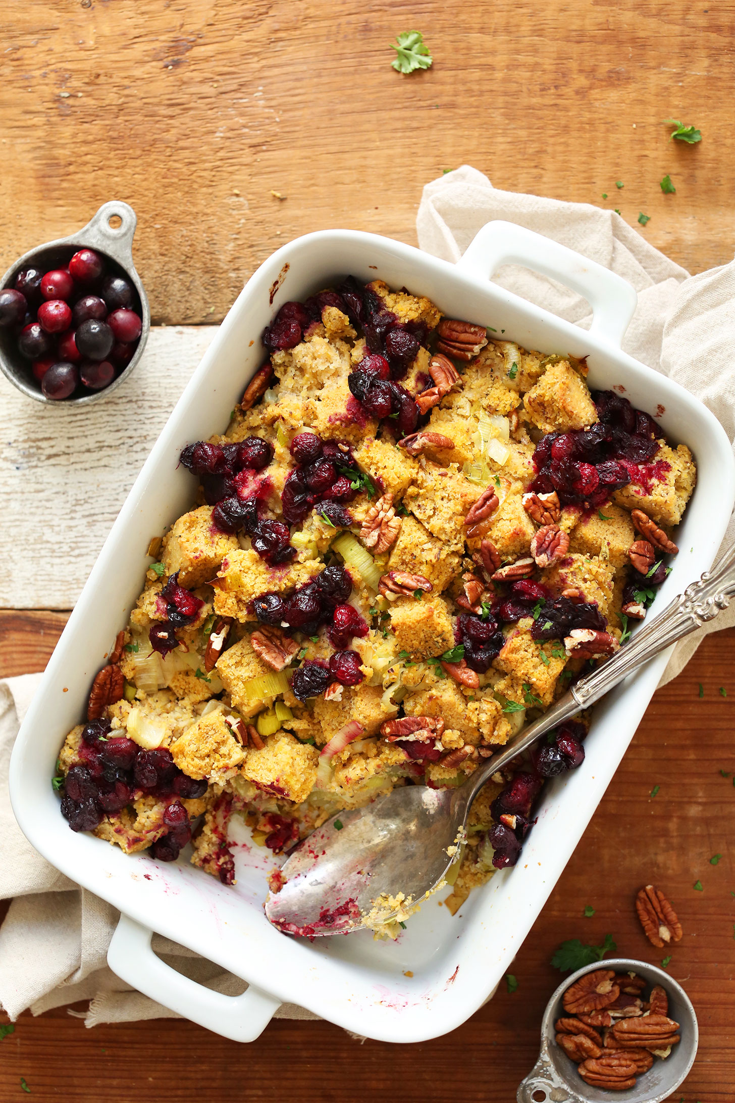 Ceramic baking dish filled with our Vegan Gluten-Free Cornbread Stuffing recipe