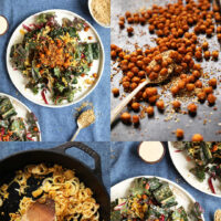 Photos of the process of making our creamy kale salad with crispy chickpeas and tahini dressing