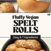Wooden bowl and baking pan of a batch of our fluffy vegan spelt rolls with text that says easy and 7 ingredients