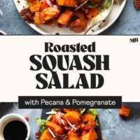 Plate and platter of our roasted squash salad with pecans and pomegranate