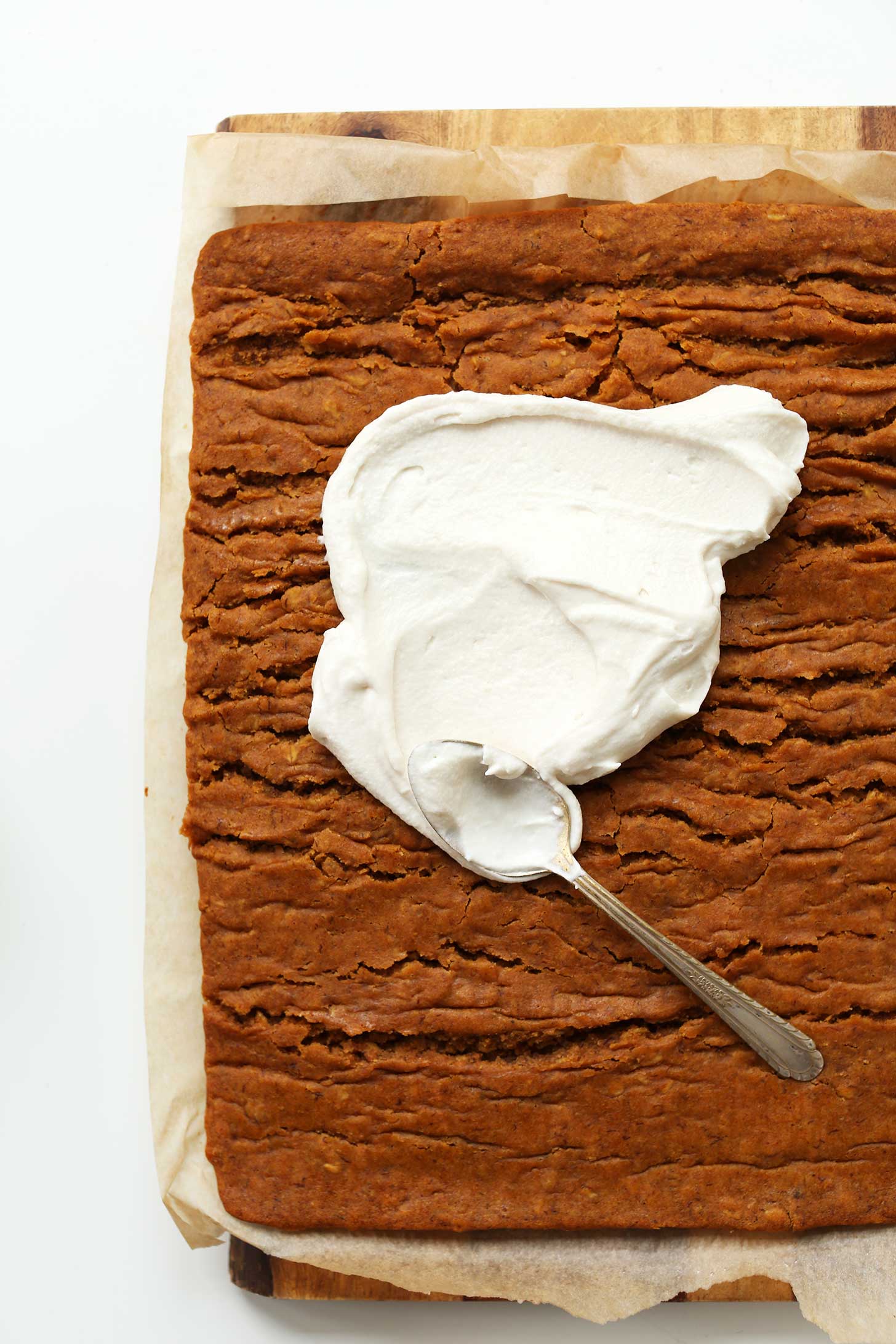 Adding layer of filling for our Vegan Gluten-Free Pumpkin Roll recipe