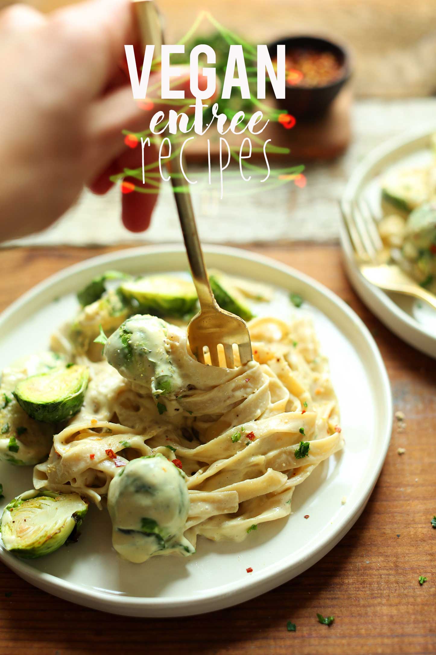 Swirling a fork in gluten-free vegan pasta which is one of our vegan holiday entree recipes