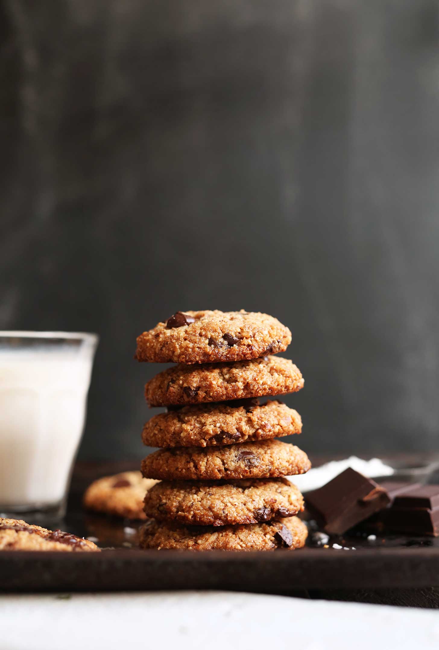 Stack of the best almond meal chocolate chip cookies with coconut