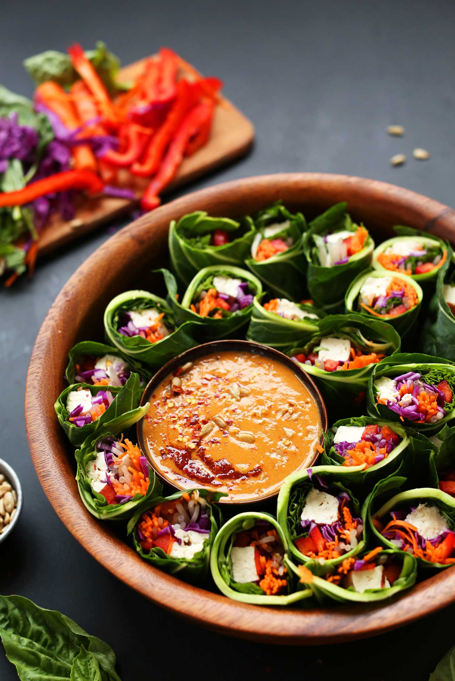 Wood bowl with Tofu Spring Rolls and Sunbutter Dipping Sauce recipe