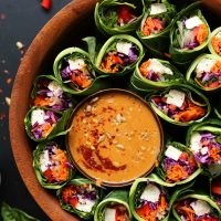 Healthy, hearty vegan spring rolls with sunflower butter dipping sauce