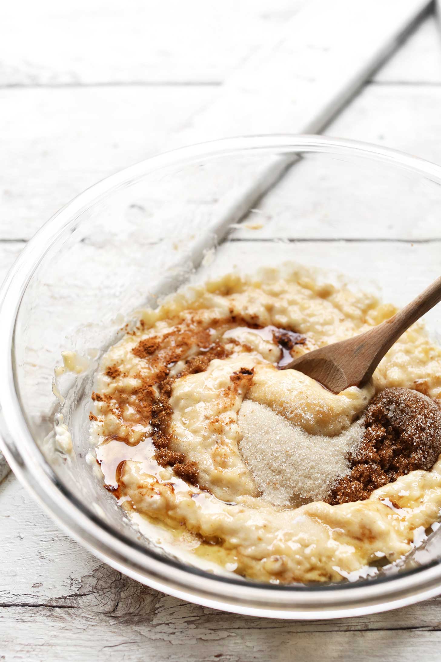 Mixing wet and dry ingredients for the best Vegan Gluten-Free Banana Nut Muffins
