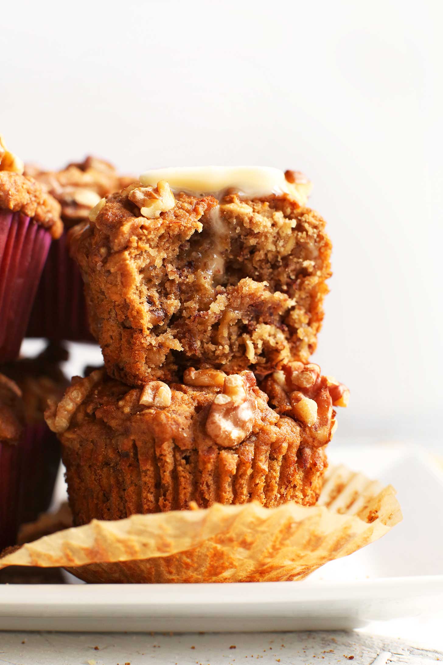 Stack of tasty Vegan Gluten-Free Banana Nut Muffins