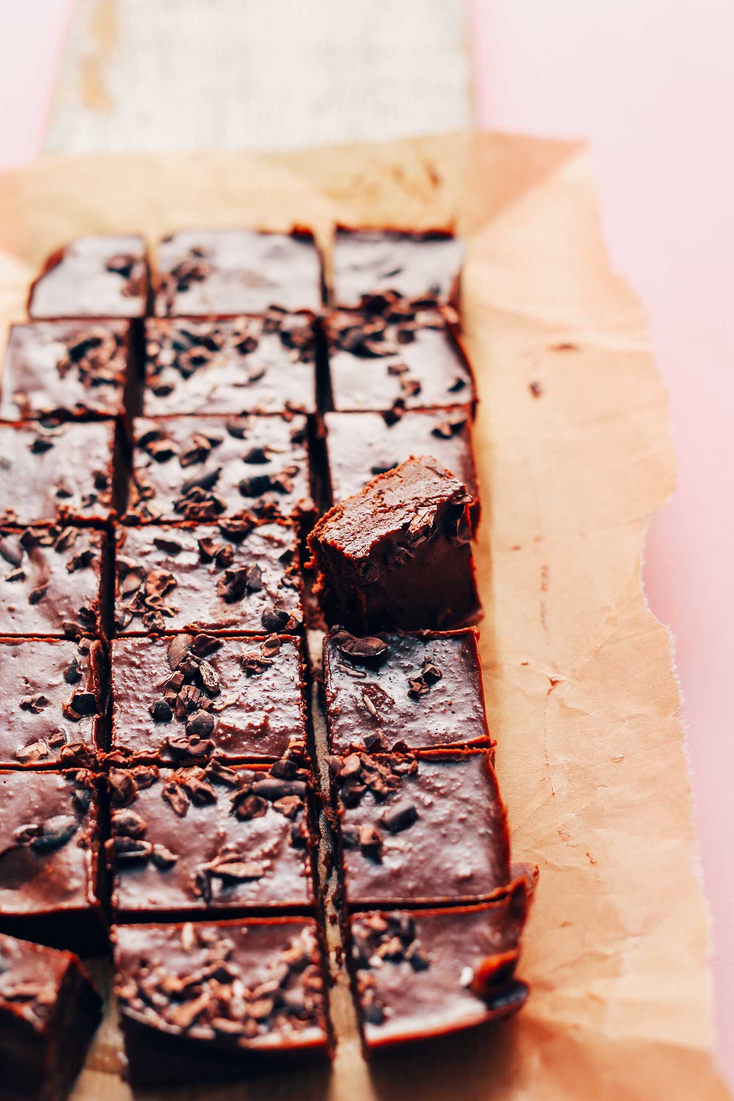 Parchment-lined pan with cut squares of Easy Vegan Fudge