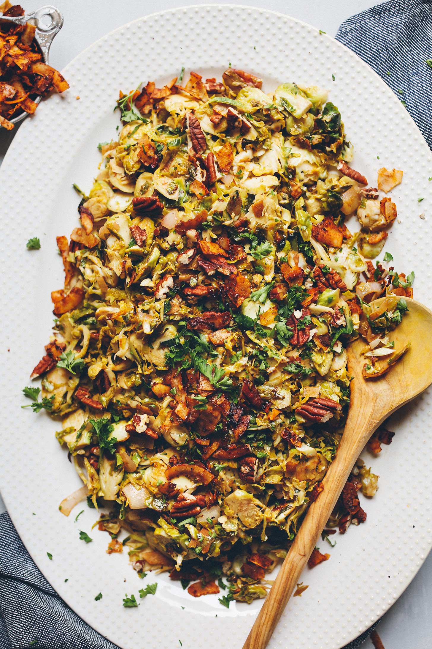 Platter filled with our gluten-free vegan Warm Brussels Sprout Slaw recipe
