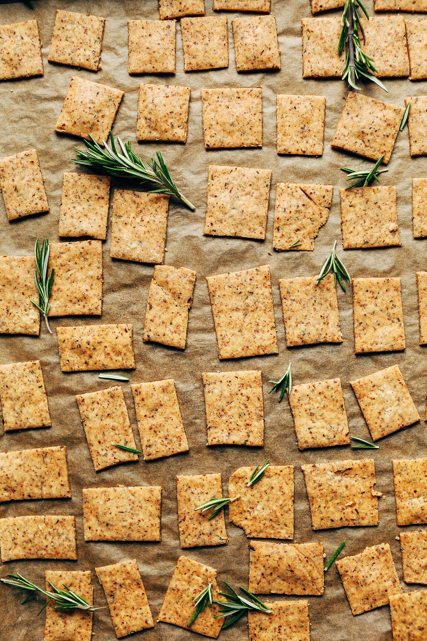 Parchment-lined baking sheet with freshly baked crispy Vegan Gluten-Free Crackers