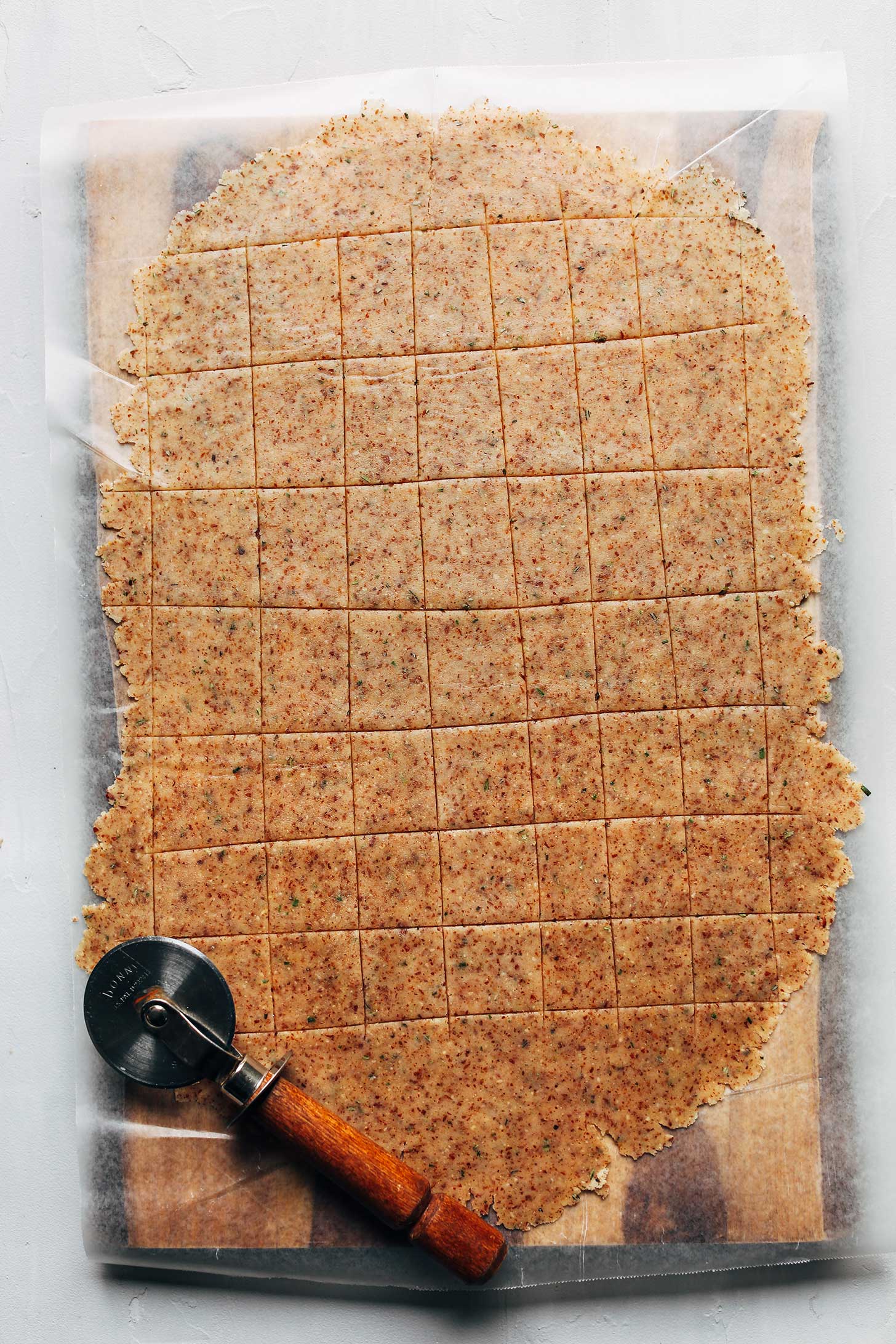 Rolled and cut dough for crispy Vegan Gluten-Free Crackers