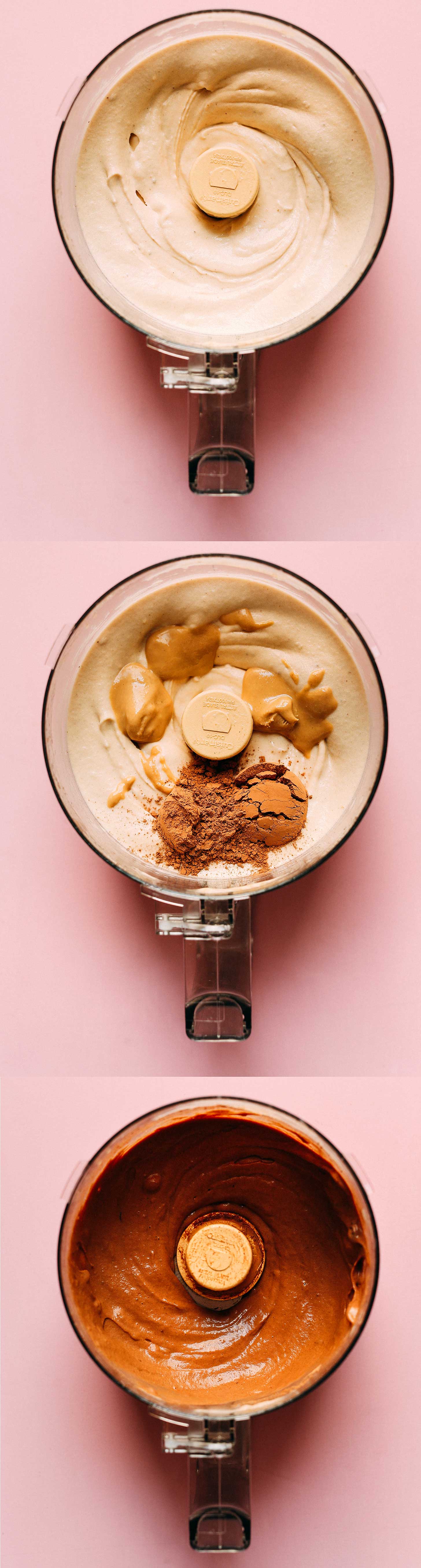 Using a food processor to make vegan Chocolate Tahini Banana ice cream