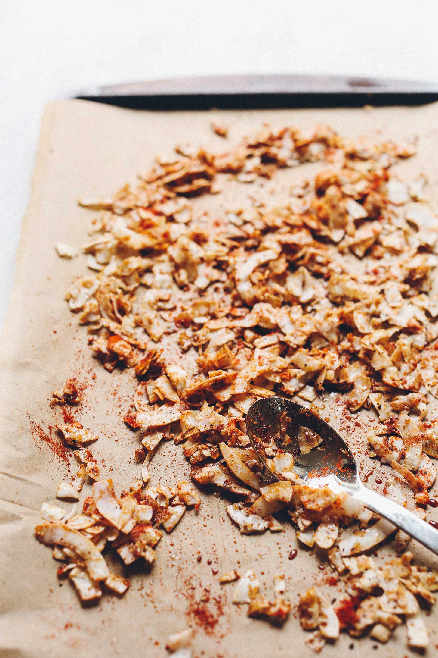 Baking sheet of Coconut Bacon for our post on how to make it