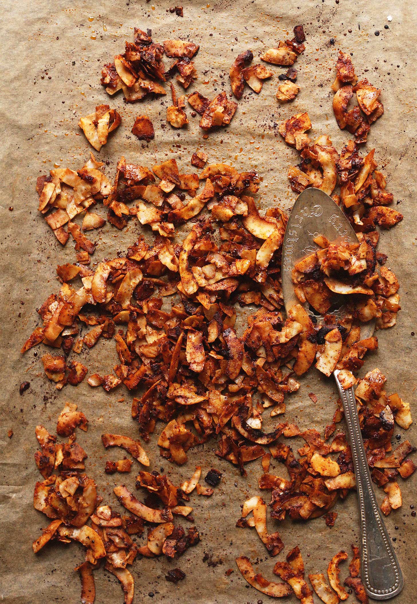 Baking sheet filled with a freshly baked batch of homemade Coconut Bacon