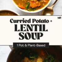 Photos of our curried potato and lentil soup in a bowl and a large pot with text between the photos that says 1 pot and plant-based