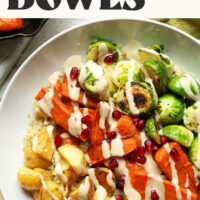 Overhead photo of our roasted vegetable and quinoa harvest bowl with text above that says plant-based and gluten-free