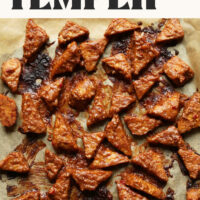 Baking sheet of Peanut Tempeh with text that says just 7 ingredients