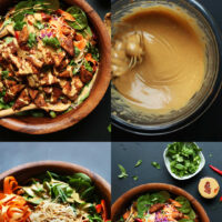 Photos of our Blissed-Out Thai Salad and making peanut sauce in a bowl