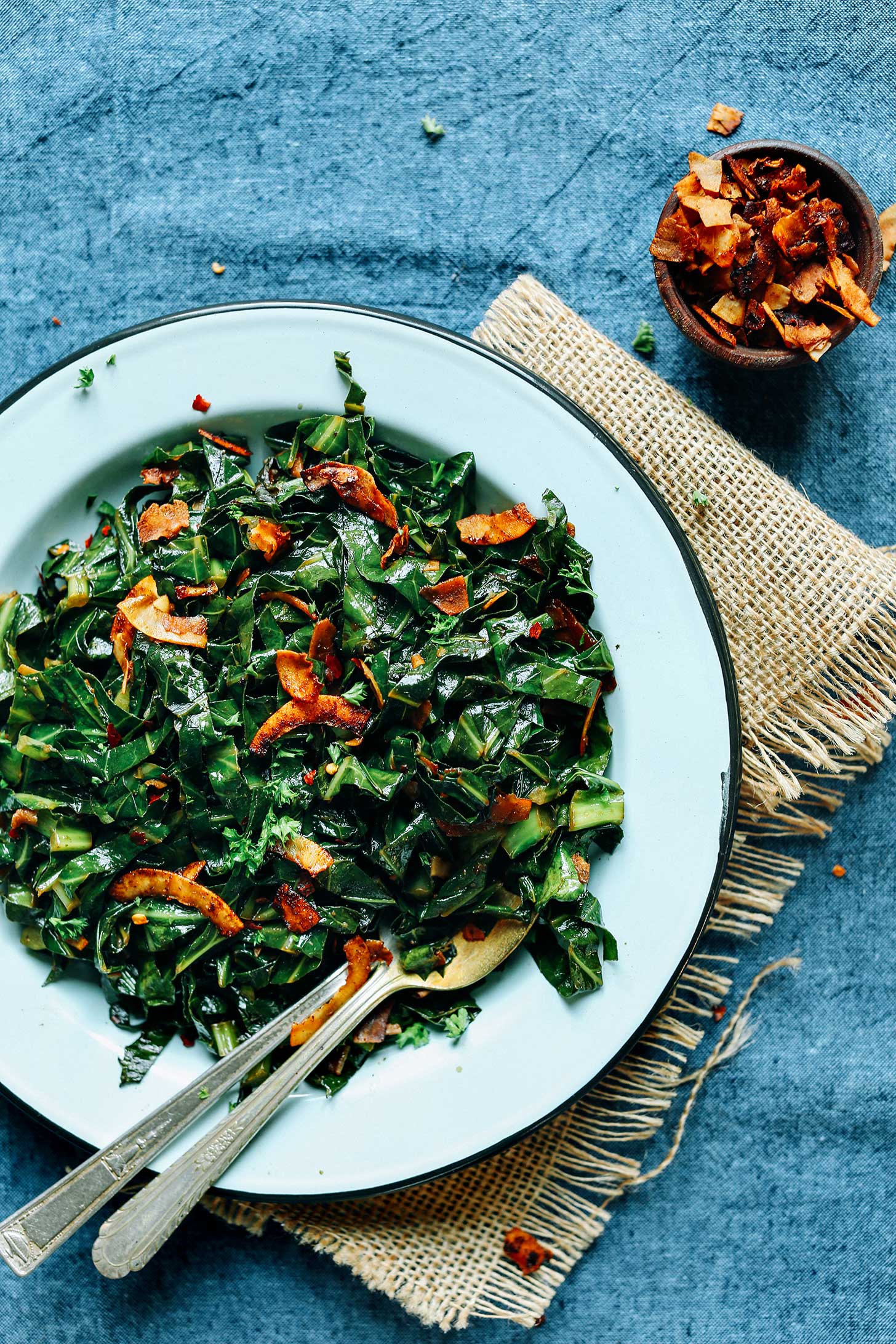 Plate of healthy vegan Collard Greens with Coconut Bacon