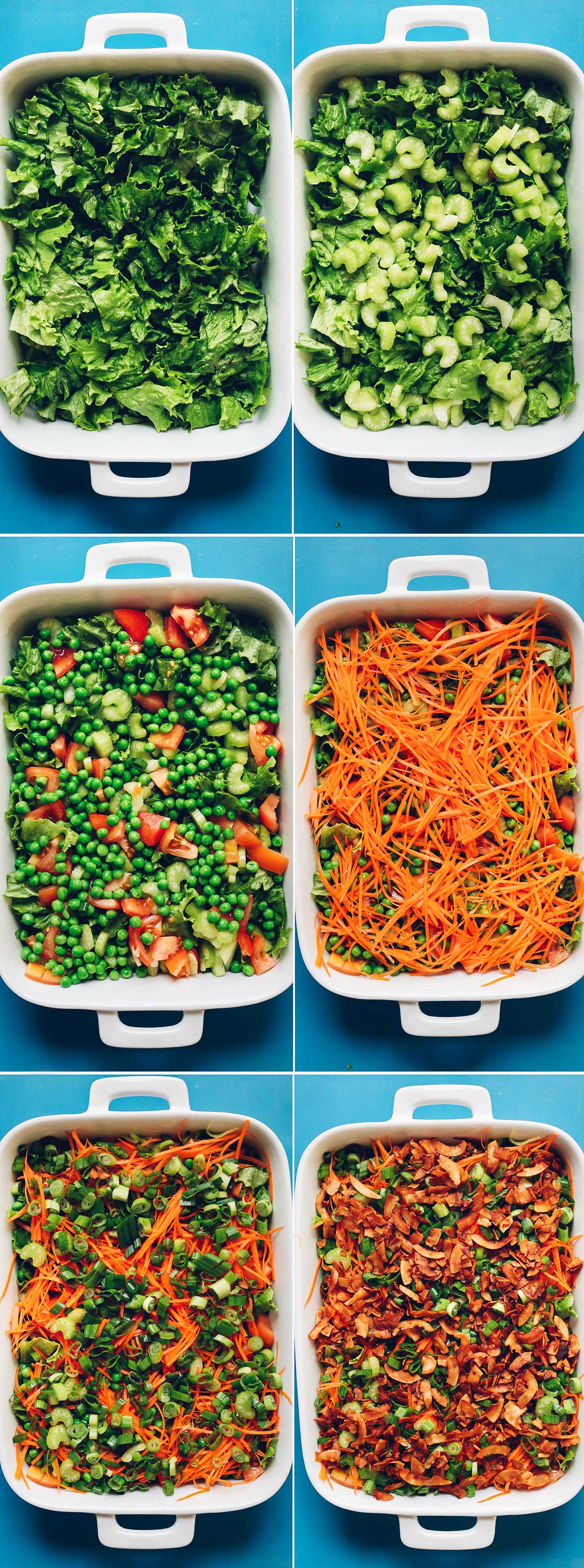 Collection of photos showing each of the layers in our Vegan 7-Layer Salad