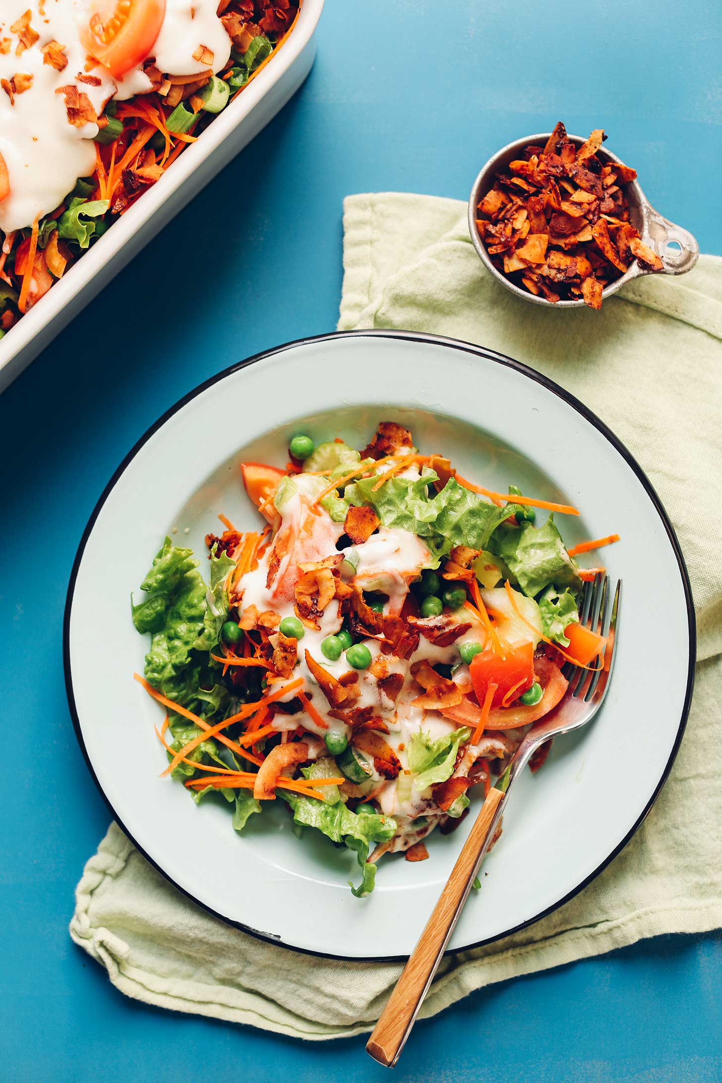 Dinner plate filled with our Vegan 7-Layer Salad recipe