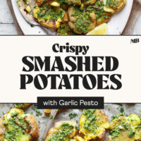 Baking sheet and platter of Crispy Smashed Potatoes with Garlic Pesto