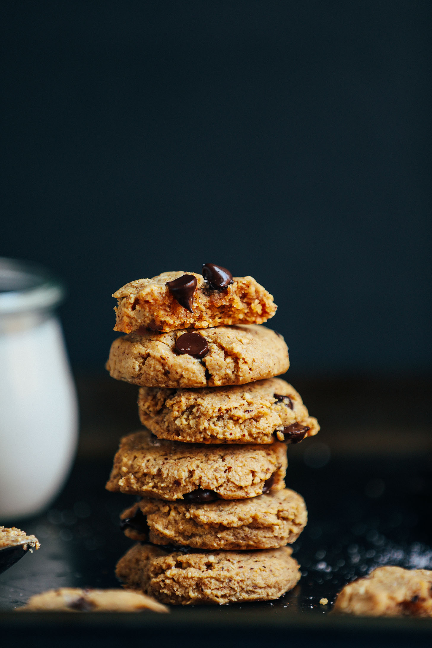 Stack of grain-free vegan low sugar Almond Butter Chocolate Chip Cookies
