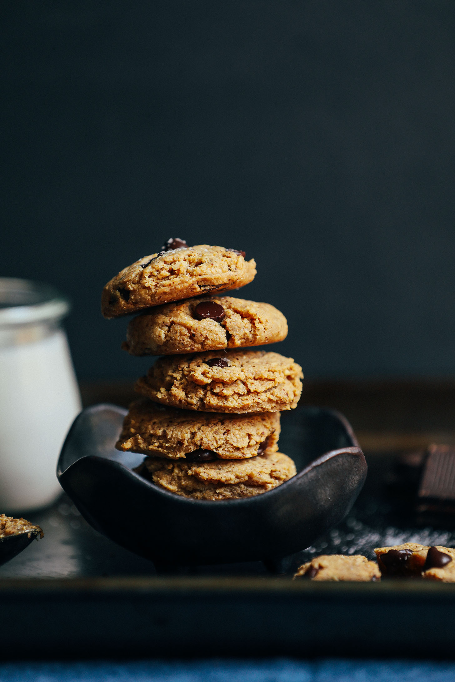 Stack of our amazing gluten-free low sugar Almond Butter Chocolate Chip Cookies