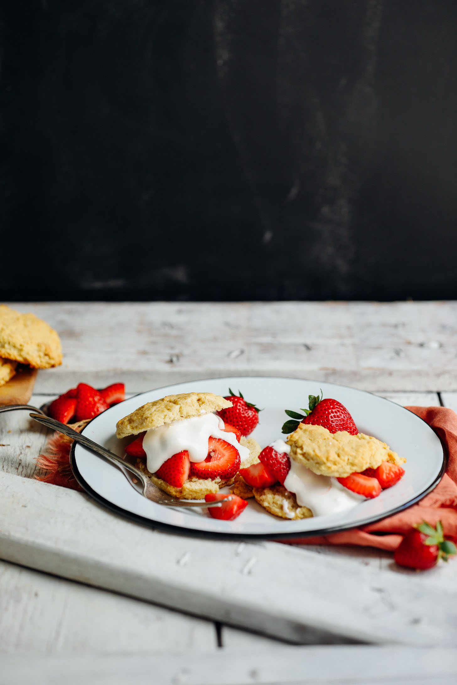 A plate with gluten-free Strawberry Shortcake for the perfect vegan dessert