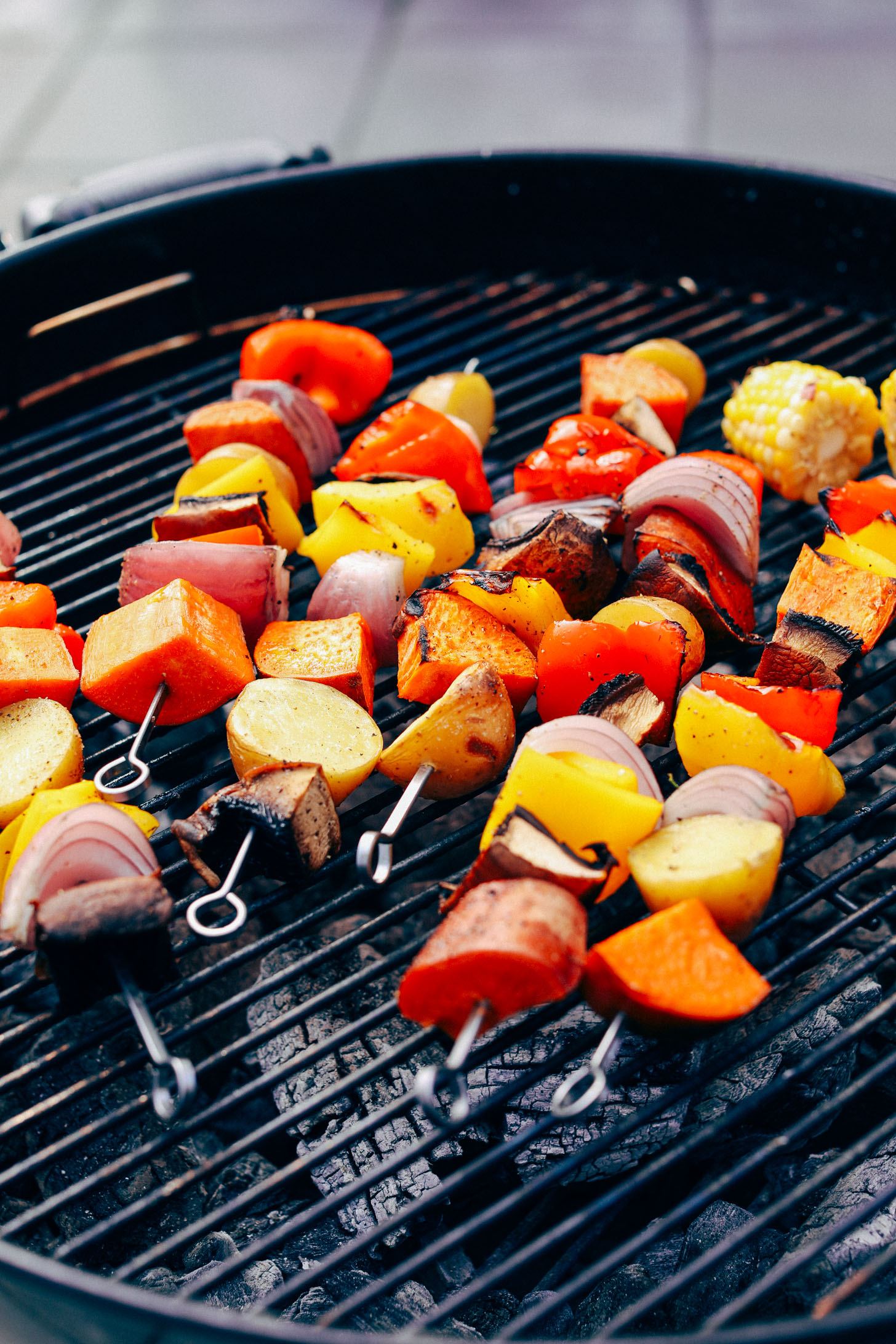 Grilled Veggie Skewers on the charcoal BBQ for a delicious summer vegan dish