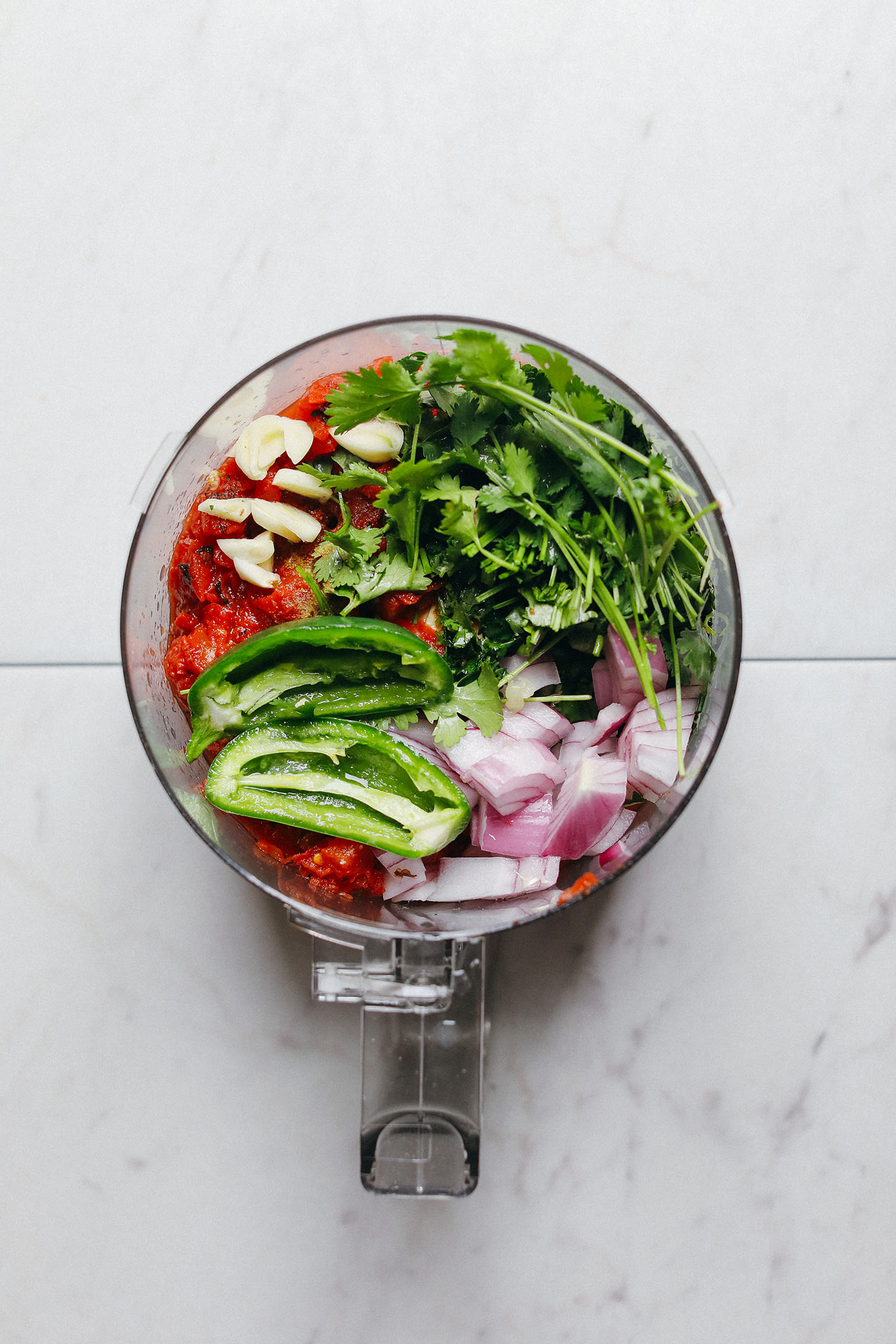 Food processor with ingredients for making our gluten-free vegan Red Salsa recipe