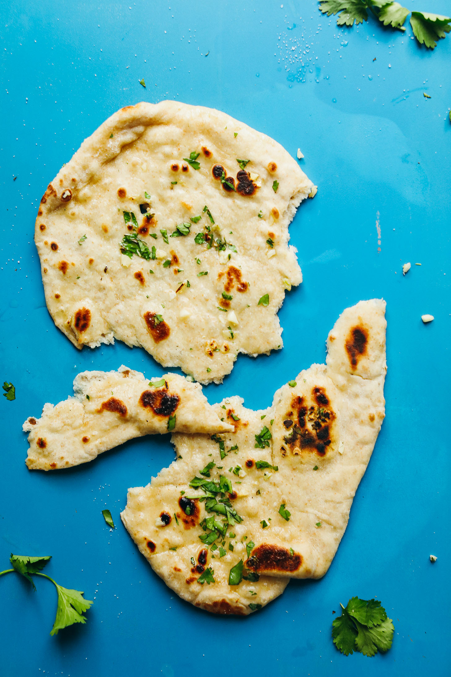Torn pieces of fluffy Vegan Naan ready to be dipped into curry or soup
