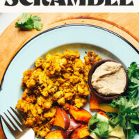 Plate of our Fluffy Chickpea Scramble with text above that says simple to make and vegan and gluten-free